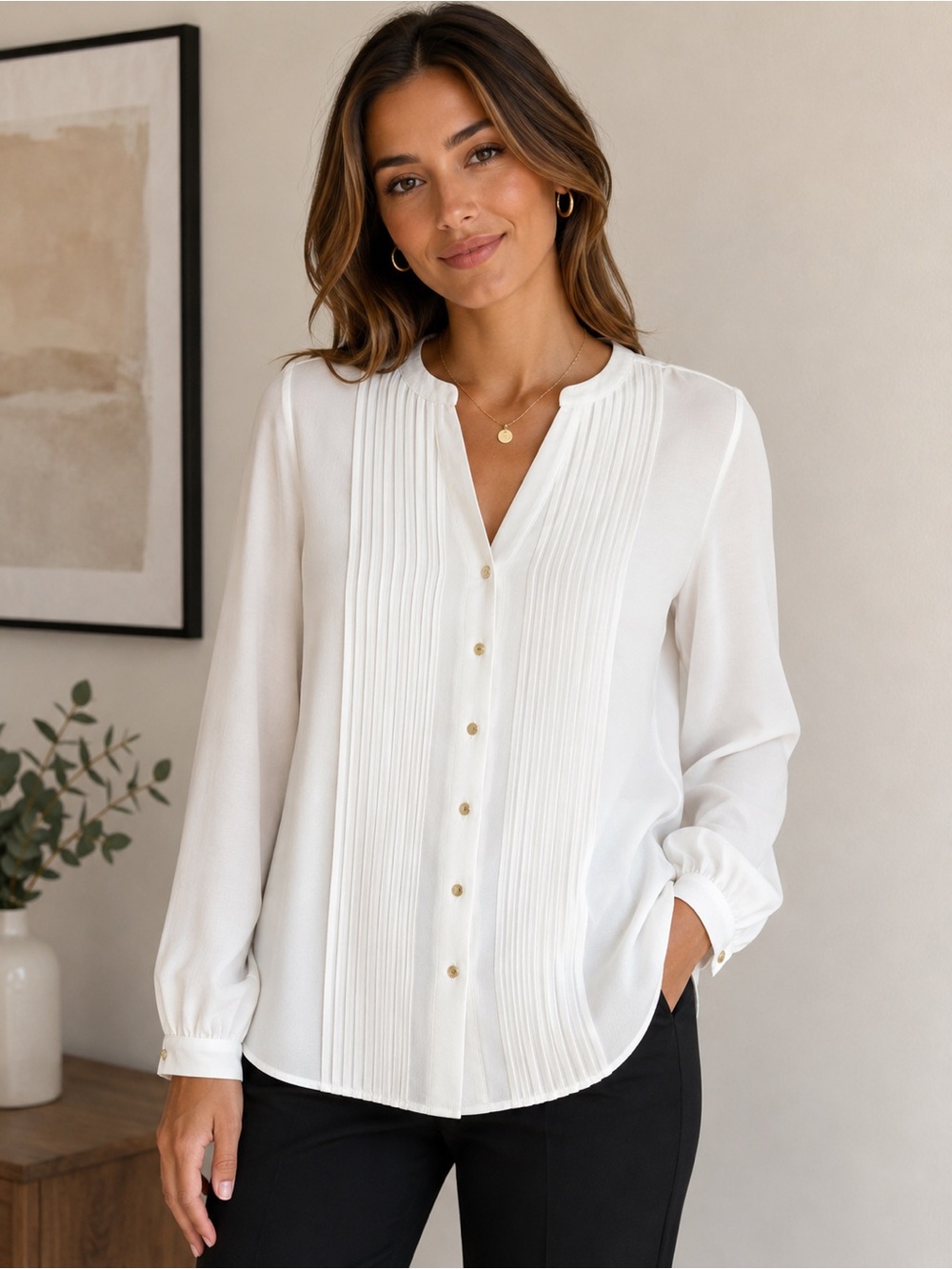 Calvin Klein Ivory Pintuck Blouse Long Sleeve Button Front Top Size Medium